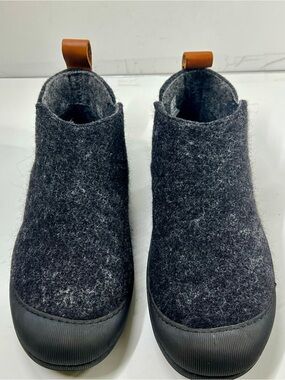 Gray Wool Slip-On Ankle Slippers Leather Heel Pull Tab